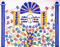 The painting apollo by Henri Matisse. A face in the center depicts the sun god Apollo. Sweeping lines form the shape of a heart.